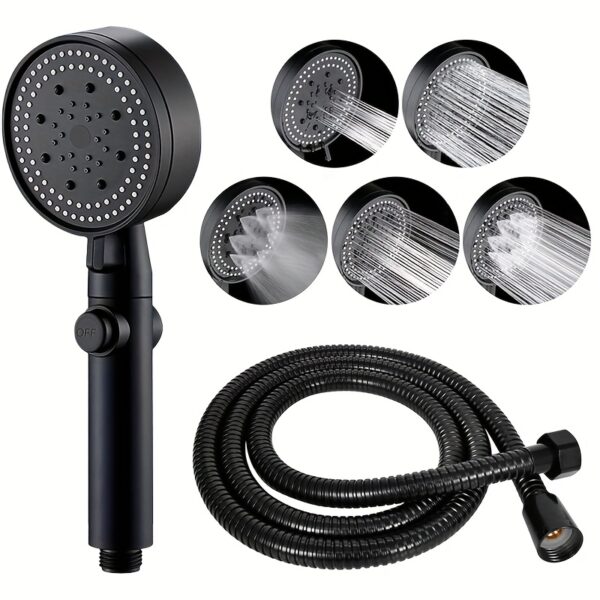Black 5-Setting Off Key with 59-inch Black Hose, Home Shower Head, 5-Speed Air Pressure Spray Nozzle, Handheld Showerhead, Bath Tool Set