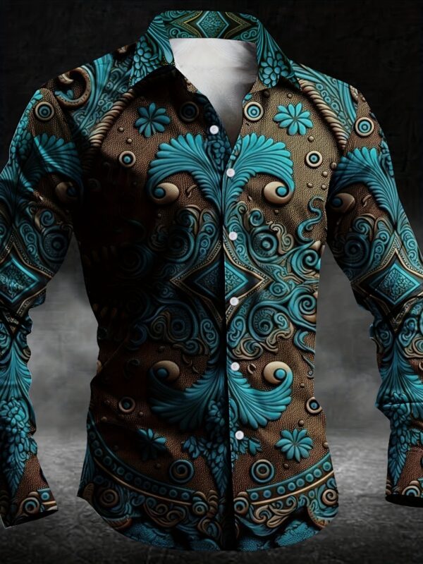 70f73648-8652-43a1-951d-2a0bab647434.jpg Men's Vintage Shirt - Turquoise & Brown Paisley-like Floral pattern, Button-Up Formal & Casual Attire for Parties, Travel, Casual Attire - Machine Washable Non-Stretch Fabric, Vacation Clothing, Ethnic Style Shirt, Nontransparent Fabric, Travel Clothing, Retro Fashion, Durable Material, Long Sleeve Shirt, Fashion Enthusiasts