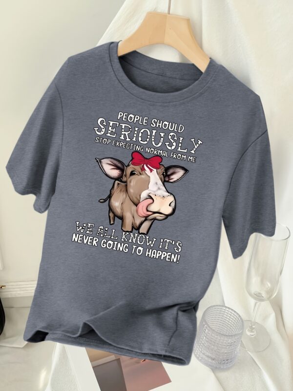 Plus Size Women's Humorous Cow Graphic & Letter Print T-Shirt - Vibrant Turquoise Short Sleeve Crew Neck Casual Top, Lightweight Breathable Fabric for Spring & Summer, Machine Washable, Cow Print Clothes, Casual Attire, Playful Lettering Tee, Durable Comfort