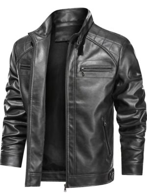 717cb095-9674-4ebf-b304-dafa5d077d7e.jpg Men'S Vintage Faux Leather Jacket - Windproof Motorcycle Streetwear with Turn- Collar, Zipper Closure & Chest Pockets, Solid Color Regular Fit Long Sleeve for Spring/Autumn Casual Outdoor Cycling, Motorcycle Gear, Durable Outdoor Wear