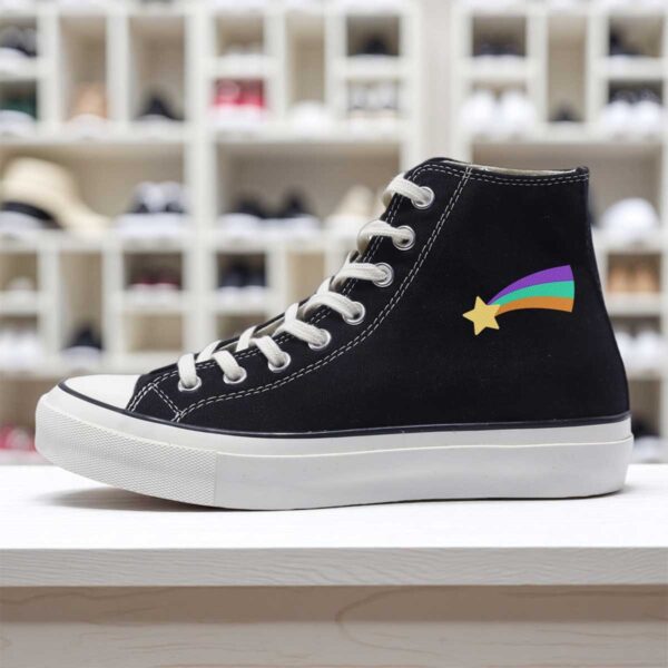 717d065a1d9540a39857fc672c3f9a6f-goods.jpeg 1pc Gravity Falls Mabel's Shooting Star Print High-Top Sneakers - Unisex Black Canvas Shoes with Rainbow & Star Design, Breathable Non-Slip Rubber Sole, All-Season Comfort for Casual, Outdoor & Casual Attire - Pop Culture Collectible Gift