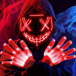 SYNCFUN Halloween LED Light Up Scary Mask And Gloves For Halloween Cosplay Costume (Red), 3 Modes Glow In The Dark Mask For Adult Women Men Boys Girls Trick Or Treat, Party Dress Up Accessories Gifts