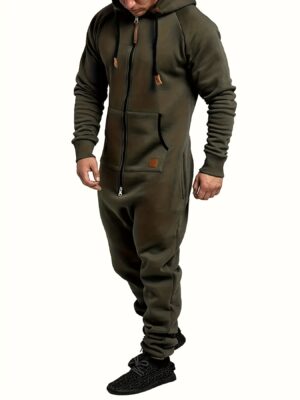 Men'S Full-Zip Hooded Jumpsuit - Full-Zip Front Closure & Kangaroo Pocket - Loose Fit One-Piece Outfit for Winter, Travel, Beach, Gym - Easy-Care Zipper Closure - Ideal for Teens & Adults - Cold Weather Clothing, Travel Wear, Sporty Look, Fleecelined Interior, Active Lifestyle, PLUS SIZE
