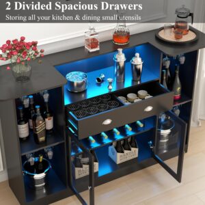 Contemporary Crescent Bar Cabinet Featuring LED Lighting, a Drawer, And an 8-Tier Wine Rack - Available in Walnut And Black Finishes