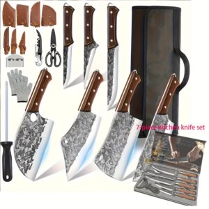 14pcs Chef Knife Set with Case, Hand-Forged Butcher Knife Set, Carving Bone, Meat Cutting, Vegetable Chopping, Camping Outdoor BBQ Hunting Tools and Equipment, Holiday Gift