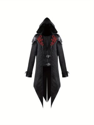 Men'S Gothic Medieval Halloween Costume Jacket - Black with Red Accents, Loose Fit, Long Sleeve, Zip-Up, Perfect for Role-Playing, Stage Performances, and Masquerade Parties, Halloween Costumes