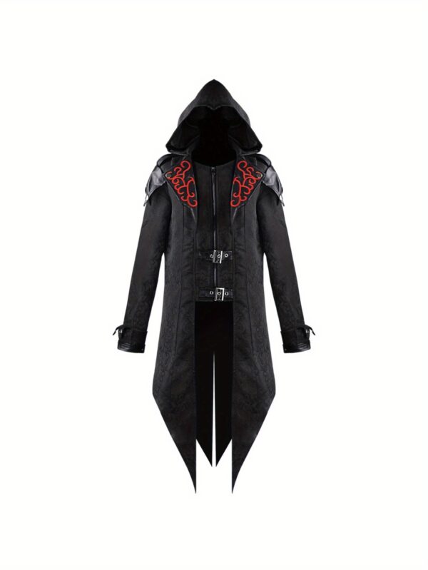 Men'S Gothic Medieval Halloween Costume Jacket - Black with Red Accents, Loose Fit, Long Sleeve, Zip-Up, Perfect for Role-Playing, Stage Performances, and Masquerade Parties, Halloween Costumes