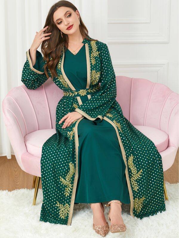 Elegant Green Long-Sleeve Dress with Golden Embroidery and Polka Dot Pattern - Stylish Belted Maxi Dress for All Seasons, Versatile Dress | Embroidered Dress | Nonstretch Fabric