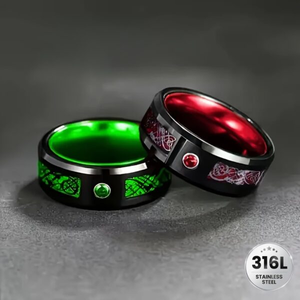 2pcs Celtic Dragon Design Rings Set, 8mm Synthetic Zirconia Inlay, Fashionable 316L Stainless Steel, Unisex Wedding Band, Valentine'S Day, Christmas, Father'S Day Gift