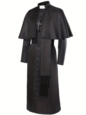 Men'S Medieval Priest Costume Robe - Long Sleeve Black Clergy Attire with Belt Loop, Non-Stretch Fabric for Halloween, Renaissance Fairs, Themed Parties - Historical Religious Outfit for Role-Play & Cosplay Events, Halloween Costumes, Roleplay Attire, Classic Clergy Design, Tassel Detailing