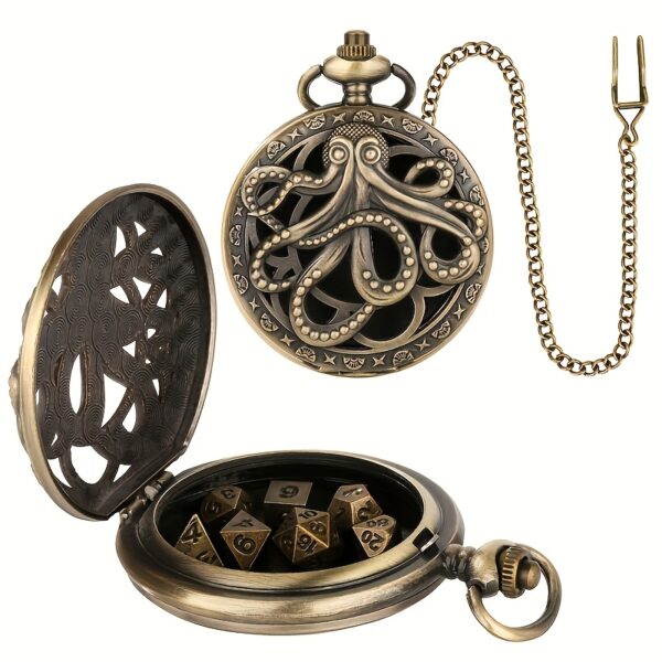 Vintage Bronze Octopus Pocket Watch Case with 7 Metal Dice & Adjustable Waist Chain - Steampunk RPG Accessory for Tabletop Gaming, D&D, Party Props, Intricate Octopus Design, Crafted with Care