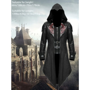 3 Gothic Assassin Cosplay Costume Set - Men'S Retro Red and Black Polyester Coat with Embroidered Detail, Floral Pattern, V-Neck Collar, Slightly Stretched, Loose Version - Steampunk Style Hooded Jack