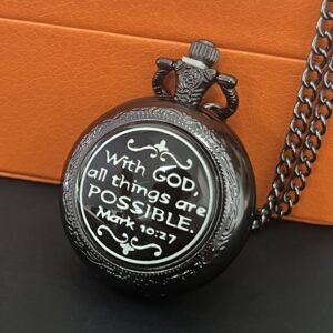 TOOP Punk Style Black Pocket Watch for Men - Inspirational Mark 10:27 Engraved Stainless Steel Quartz Movement, Round Dial with Pointer Display - Couple's Gift, Non-Waterproof Electronic Drive Accessory, Fashion Accessory, Decorative Chain, Intricate Engravings, Classic Design, Stylish Accessory, Retro Timepiece, Durable Chain, Men's Accessory, Stylish Men