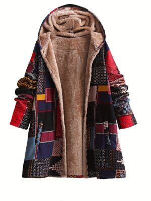 Warm Faux Fur Lined Tribal Print Button Front Long Sleeve Hoodie Coat for Winter, Women's Casual Clothing