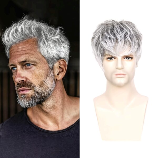 [High Temperature Fiber] Men's Short Grey Wig | Synthetic Hair | High Temperature Fiber | Layered Pixie Cut | Basic Style for Men