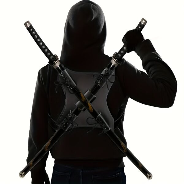 764b5eac-1d19-4801-b79b-c032cfc1b6d0.jpg 1pc Adjustable Faux Leather Dual Sword Back Strap, RPG Cosplay Crossbody Satchel with Embedded Plastic Scabbards for Halloween Costume Accessory