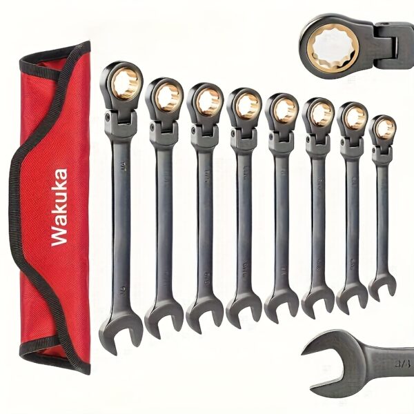 6/8/10/12 Flex Head Ratchet Combination Wrench Set, Black Nickel Sandblasted Movable Head Wrench Set, 13/16-1/4-Inch, 72-Tooth, Cr-V Construction, Comes with Roll-Off Pouch