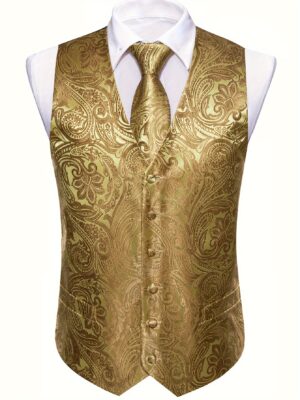 4pcs Men'S Jacquard Vest Suit Set, Polyester V-Neck Waistcoat, Regular Fit, with Non-Stretch Floral Pattern, Single Breasted Button Detail, for All-Season Elegant Adult Wedding Attire with Necktie, Handkerchief, Cufflinks