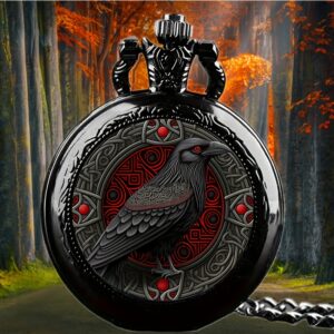 76b0f7c3-a7a0-4004-899b-11e8f004a8a1.jpg Gothic Raven Pocket Watch Necklace - Quartz Movement Alloy Case & Band, Black with Red Accents, Autumn Forest Aesthetic Jewelry, Non-Waterproof for Casual Attire, Stylish Accessory, Decorative Chain
