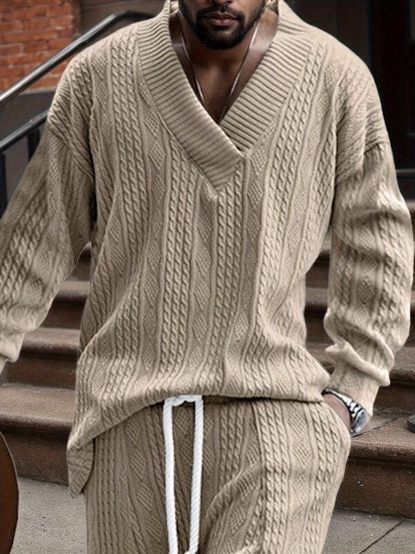 Men's Autumn Winter Jacquard Knit V-Neck Sweater - Soft Warm Long Sleeve Casual Lapel Pullover, H-Fit Solid Black, Easy Care Hand Wash/Dry Clean, Versatile for Everyday & Formal Wear, Sweaters for Men Winter, Winter Stripe Knitwear for Men, Cable Knit Sweater, Winter Sweaters for Men