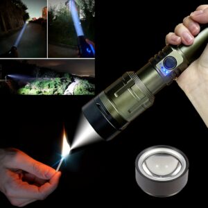 1 powerful pure aluminum alloy flashlight - with a focusing fire-making lens, 5000mAh large-capacity battery, and power bank function - suitable for night fishing, fire-making, outdoor activities, car repair, and home decoration