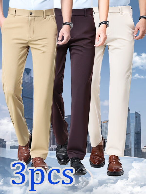 3pcs Men's Business Casual Stretch Pants - High Elasticity Wrinkle-Resistant Mid-Rise Trousers with Button Closure, Solid Color (Beige/Brown/Navy) - Durable Fabric for Office, Events & Casual Attire - Autumn Season, Versatile Work Attire, Comfortable & Stylish Fit, Formal Pants for Men with Adjustable Waist, Mens Stretch Waist Business Trousers, Mens Business Trousers with Elastic Waistband, Formal Dress Pants for Men, Mens Plus Size Dress Pants, Event Clothing,