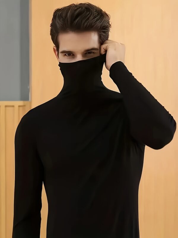 Glossy Finish] Men's Slim Fit High Neck T-Shirt - Solid Color, Stretchy Polyester Blend, Long Sleeve, Casual & Comfortable for Home Wear | Non-See-Through, All-Season Essential