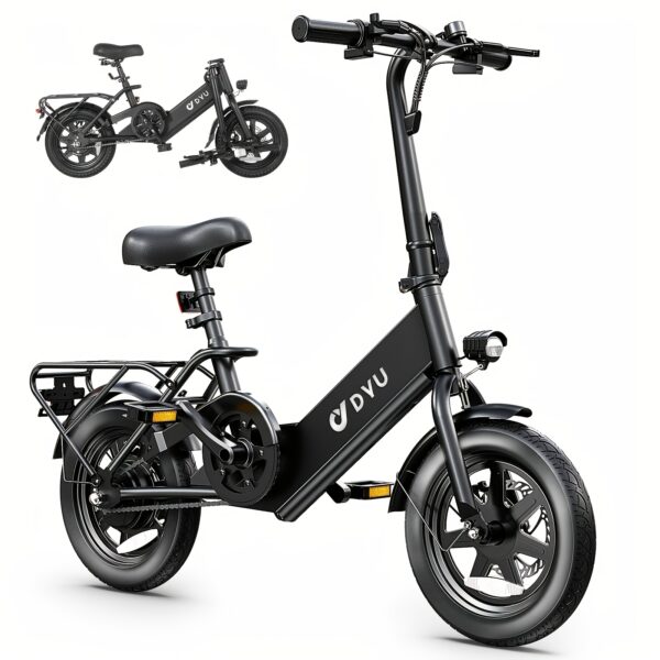 DYU 2025 Folding Electric Bike for Adults Teens, 350W 36V/7.5AH, Pedal-Assist, Commuter Cruiser City E Bike, Dual Disc Brakes with Fender&Rear Rack, Built-in Battery Max Speed 15.5MPH
