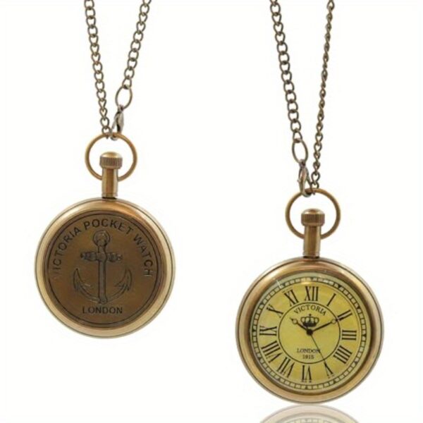 Victoria London Vintage Brass Pocket Watch - Antique Roman Numerals, Mechanical Wind-Up Movement, Brass Case - with Chain - for Men, Dad, Husband - Father's Day Gift, Formal Events - Vintage Pocket Watch, Fashion Accessory, Steampunk Design, Intricate Engravings