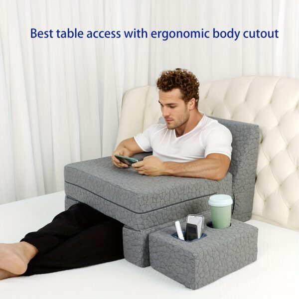 7885d69a-afef-4ddd-a8b1-156f1e6987c9.jpg Adjustable Reading & Gaming Wedge Pillow with Arm Rest - Multi-Purpose Gray Foam Pillow for Bed, Sofa, or Floor Use, Perfect for Steam Deck, Switch, and Relaxing Activities, Comfortable Viewing | Cozy Appearance | Quality Craftsmanship