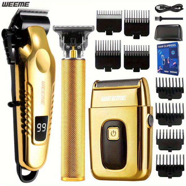 WEEME 3pcs Men'S Professional Hair & Beard Grooming Kit - Cordless Clippers with LED Display, Precision Trimmer Set, USB Rechargeable, for Home, Perfect Holiday Gift