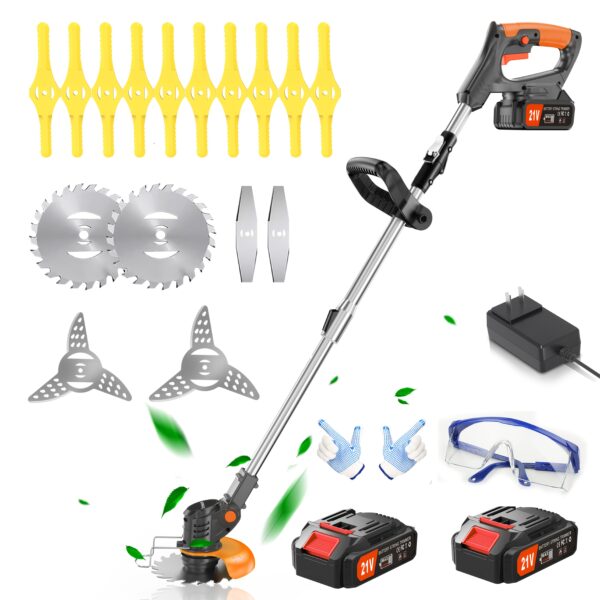 21V Cordless Weeder Trimmer with 2 Lithium Batteries, 4 Blades & Multi-Function Garden Tool - Portable Foldable Electric Lawn Mower for Home, Yard, and Outdoor Use, Weeder Trimmers for Lawn, Yard Maintenance, Sleek Metallic Finish, Durable Construction