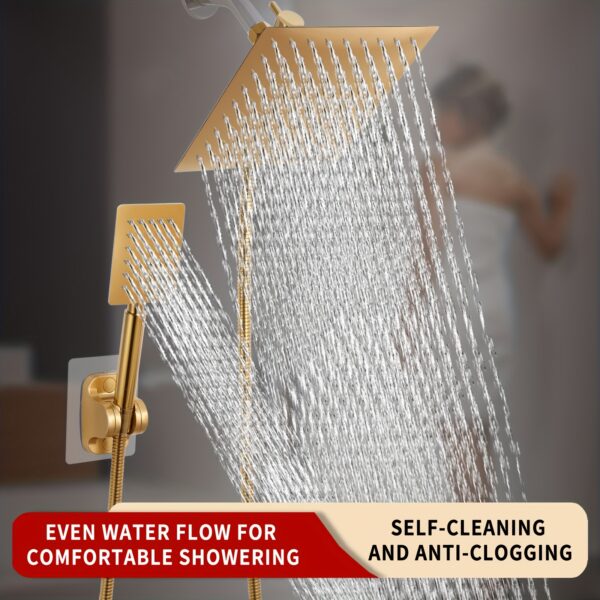 79a0e0e4-7511-444c-9e03-1bba032ebb17.jpg 1 Set Golden Rainfall Shower Head with Handheld Combo High Pressure, Dual Shower Head 8 Inch Square with Long Hose, Rain Showerhead with Handheld Sprayer (Golden)