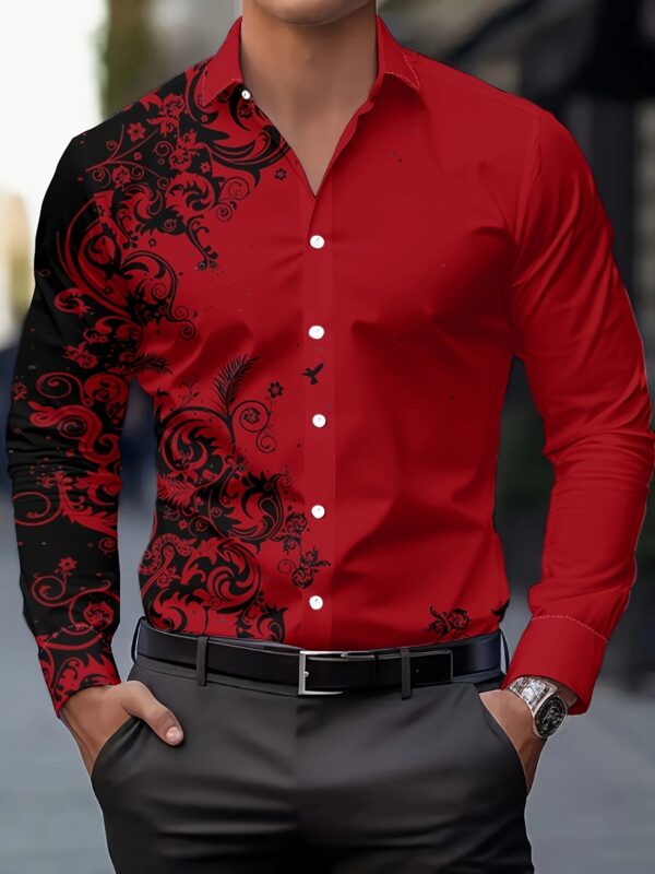 Men'S Formal & Everyday Shirt - Button-Up Long Sleeve Blouse with Elegant Black Floral pattern, Non-Stretch Fabric for Office, Events, Casual Outfits - Spring/Fall Seasonal Clothing, Office Attire, Classic Collar, Durable Material, Versatile Top, Professional Men
