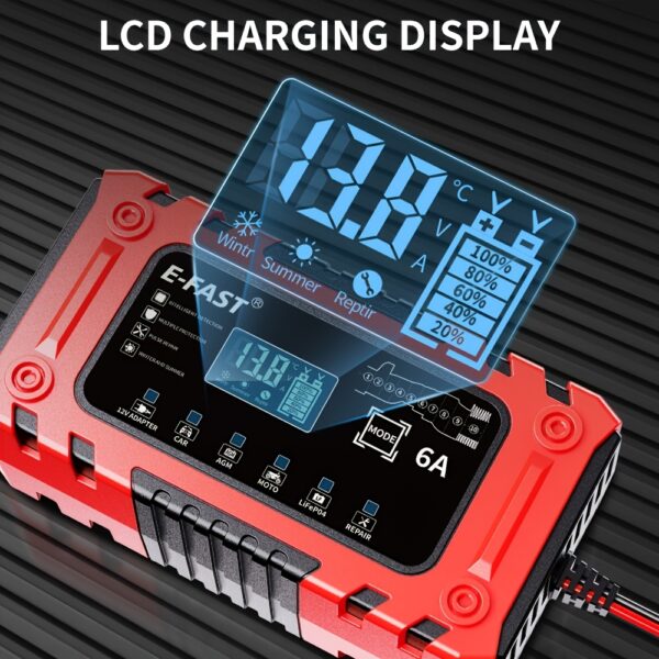 Car Battery Charger With LCD Display Smart Trickle Charger For Cars, Trucks, Motorcycles, ATVs, Boats, And RVs Red & Black Design, Durable ABS Plastic, Handy Carry Handle, Rv Power Supply Rugged Design Ergonomic Handle, Portable Charger, Without Battery