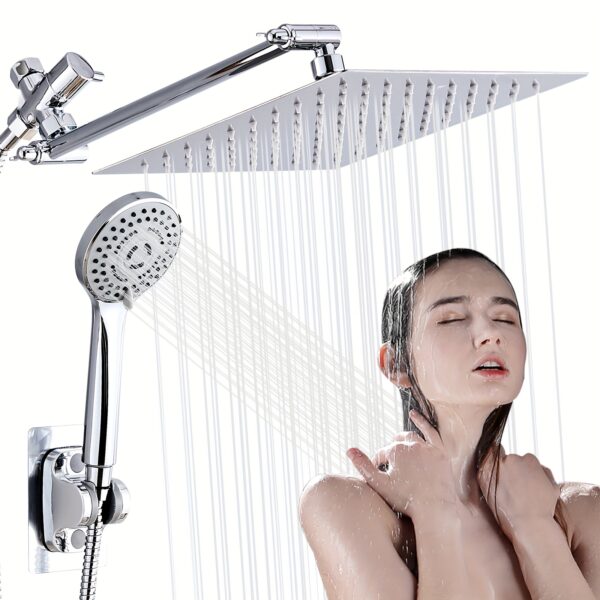 Shower Head Combo, 10 Inch High Pressure Rain Shower Head with 11 Inch Adjustable Extension Arm And 5 Settings Handheld, Powerful Shower Spray Against Low Pressure Water with Long Hose