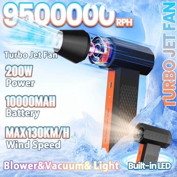 9500000 RPH Turbo Blower/LED Light/Vacuum, 200W High Power Cooling Turbo Jet Fan 3-Gear Wind Adjustable, 150LM LED Light, 10000mAh Large Capacity for Car Detailing, Camping Fire, Home & Workshop Use, Dust Removal, Cleaning, Outdoor Cooling, Home, Gym, Worksite