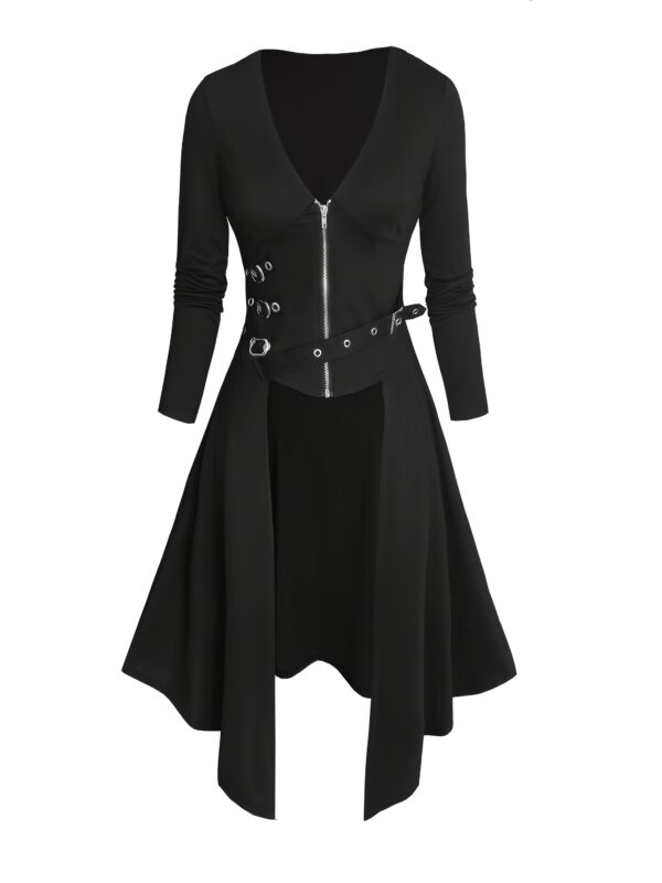 Women's Gothic Punk Y2K Long Coat with V-Neck Zipper Front, Metal Grommet & Chain Accent - Asymmetrical Hem Elegant Gothic Outerwear for Halloween, Themed Parties & Casual Attire - Machine Washable Fall Winter Statement Jacket