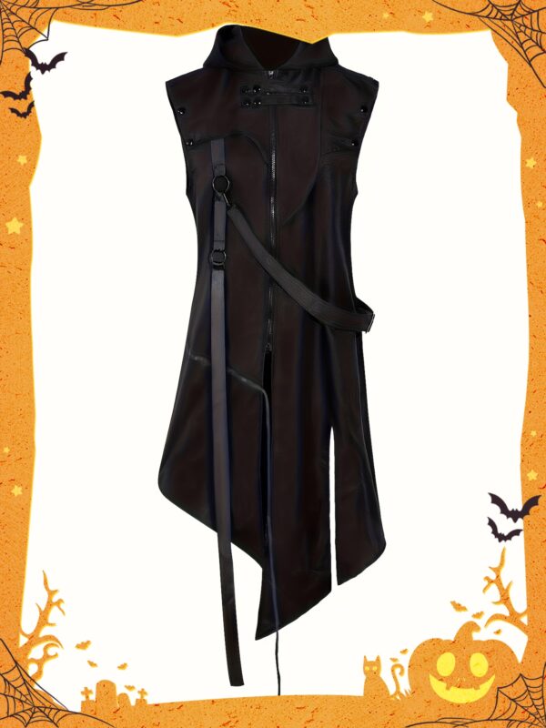 Medieval Renaissance Punk Gothic Men's Sleeveless Hooded Coat - Black Asymmetrical Long Cloak with Metal Buckles & Pockets, Loose Fit Machine Washable for Halloween Cosplay Costume & Fashion Outfit