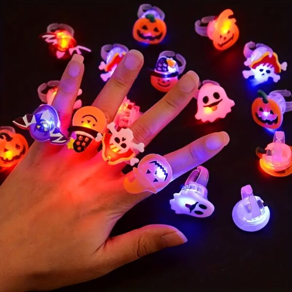 50 LED Glow Rings for Kids Halloween Party Favors - Colorful, Battery-Powered (Batteries Included) with Witch, Pumpkin, And Ghost Designs - Fun Gift for Children And Candy Bag Fillers, Halloween Accessories, Festive Event Accessories, Playful Design, Glowing Rings for Halloween, Christmas Event & Party Supplies