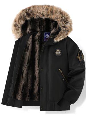 [Winter Jacket for Men] Men's Winter Insulated Full-Zip Jacket with Detachable Fur Hood - Thickened Warmth, Machine Washable Polyester Shell & Full-Length Zipper Closure, Vibrant Orange Casual Outdoor Coat for Men, All-Season Versatile Outerwear