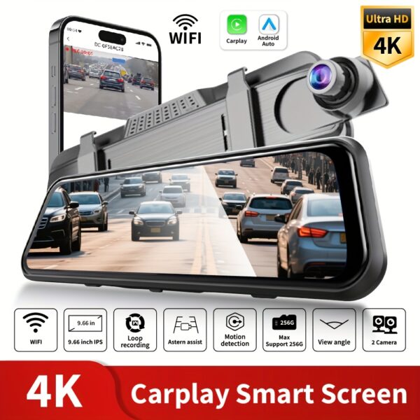 7ba7a035-651d-4c9a-810d-eb46cc550350.jpg 4K Ultra HD Dual Camera Smart Rearview Mirror Dash Cam with WiFi 9.66-inch Screen Supports 256G Large Memory Loop Recording Motion Detection Day/Night Dual Mode, Wireless Dash Camera for Cars Dual, Road Trip Camera, Parking Monitor, Touch Control, Sleek Car Accessory, Durable Construction, Highquality Lens, Night Vision Camera, Fleet Managers, Longdistance Drivers