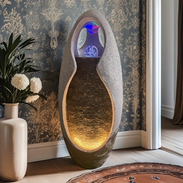 Indoor Floor Fountain, Home Decorative Ornament, Large Pebble Floor Fountain Ornament with Glass Ball And Lights