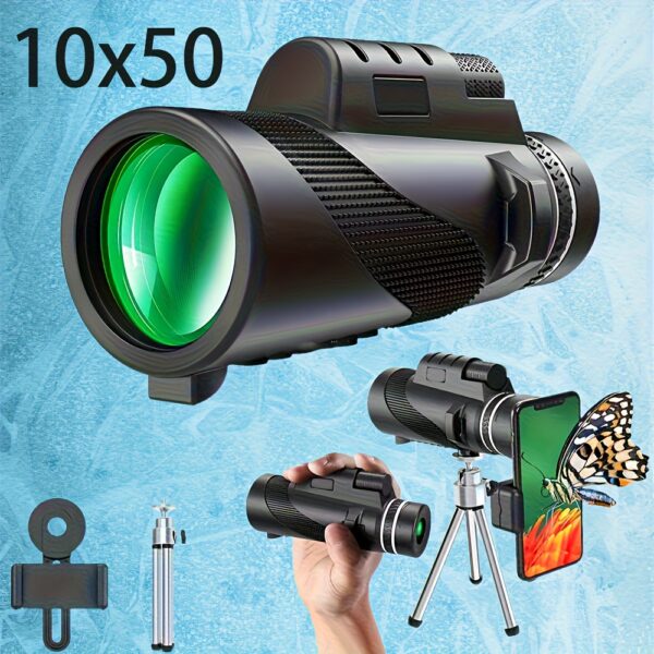 10x50 High-Powered Portable Binoculars with Green Film Lens & Wide-Angle Eyepiece - Durable Compact Design, Manual Focus, Smartphone Adapter & Tripod Compatible for Bird Watching, Hiking, Camping, Stargazing - Ideal Gift for Adults & (Black)
