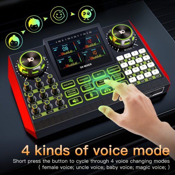 Professional Audio Mixer with Live Sound Card & Voice Changer - USB Rechargeable Portable Mixer for Podcast Studio, DJing, Gaming, Music Creation - 3-Band EQ, Dual Reverb, Monitoring & Output Volume Control - Black, Gaming Audio Equipment, Luminous Control Knobs, Multifunctional Controls