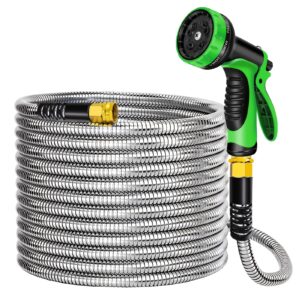 25/50/75/100ft Stainless Steel Metal Garden Hose Pipe - Flexible Lightweight Coil with US Standard Threads, 3/4 Inch Diameter & Green Spray Nozzle for All-Season Yard, Lawn, Garden Outdoor Use, Vinyl Construction