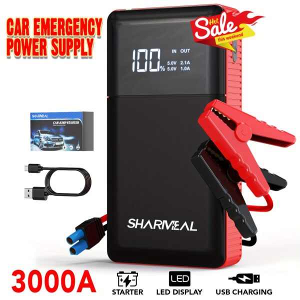 Car Jump Starter Emergency Power Bank 2500A/3000A Peak Portable SHARMEAL Car Jump Starter, 12V Car Battery Charger, Jump Starter Accessories, Car Accessories Tools, LED Lights, Battery Charger, Trolley Battery Charger