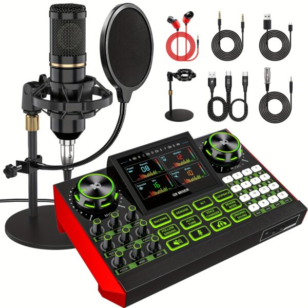 Podcast Audio Recording Studio Equipment Set, DJ Effect Capacitor Microphone Live Sound Card, Voice Converter KTV Singing, Volume Control Battery Indicator Light Suitable for Karaoke, Streaming Media, Youtube, Vlog, TikTok, USB Powered, ABS Material, Red/Black, with Rechargeable Lithium Battery-Polymer, for Live Mixing, Voice Conversion, and Streaming, Live Streaming Equipment | Modern Audio Equipment | Durable ABS Material, Audio Recording Equipment