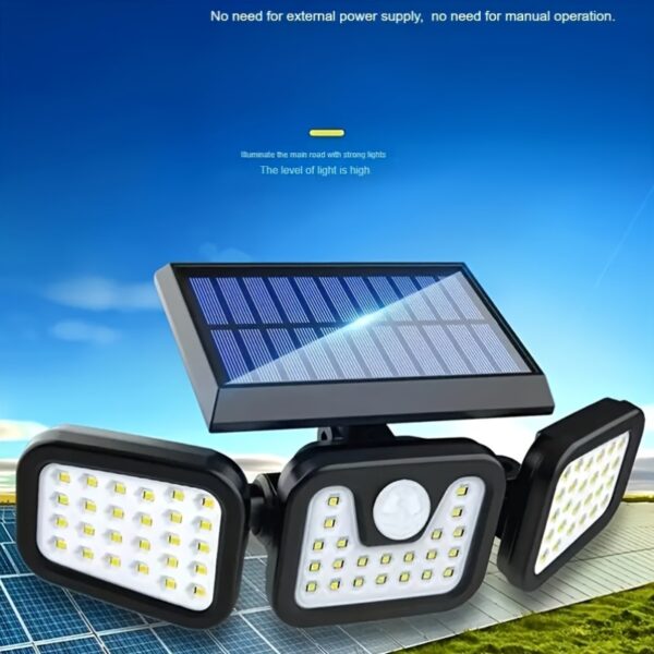 Solar-Powered Outdoor Security Lights with Motion Sensor - 3-Head LED Floodlight, 270° Wide Angle, Auto On/Off, for Garden, Driveway, Patio, Garage, Porch - Energy-Efficient Solar Lighting, Garden Illumination, Durable Plastic Housing