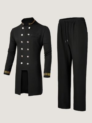 Plus Size Men's Dashiki 2pcs, Long Sleeve Cardigan, Stand Collar, Button, Casual Shirt with Elastic Waist Long Pants 2pcs Set, Loose Fit for Big Size Body Shape, African O, Trend, Retro, Cool, Parties, Formal Occasions, PLUS SIZE